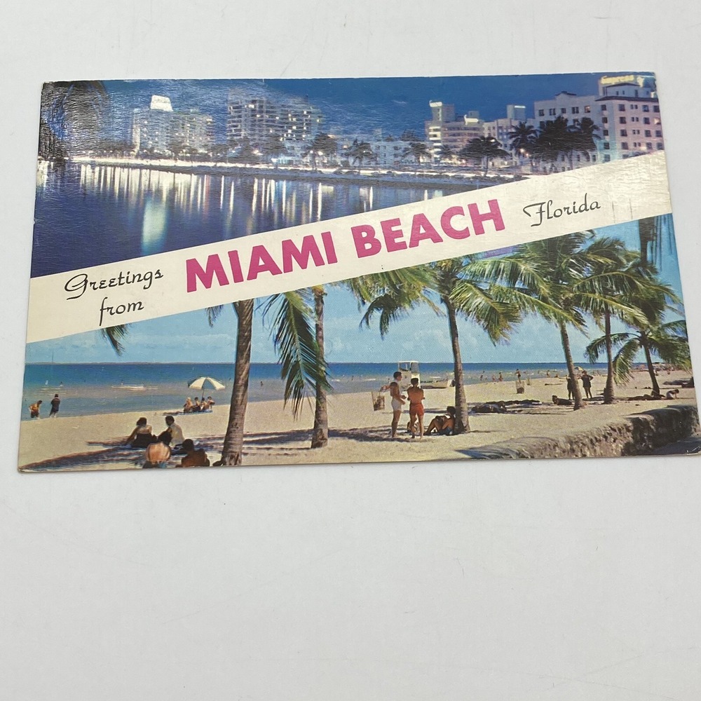 Vtg Miami‎ Beach FL Postcard Greeting From Skyline Beach Views Posted 1959